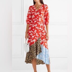 RIXO Red Floral and Leopard Print Dress